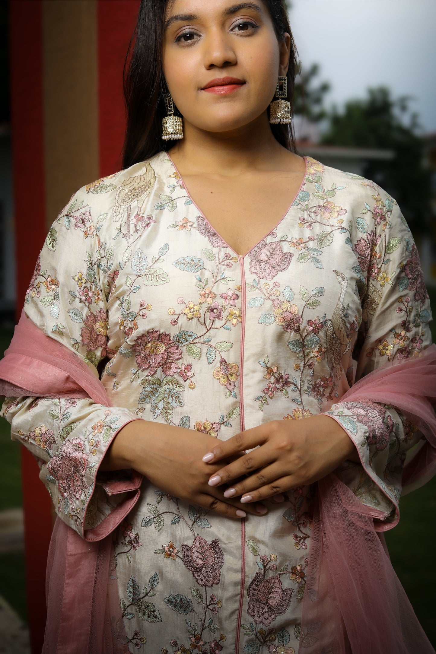 Floral Printed Kurta Set with Pink Dupatta
