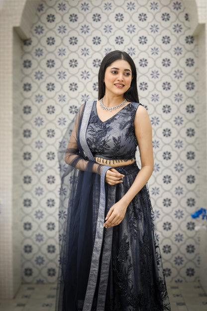 Midnight Blue Embroidered Lehenga Set with Dupatta
