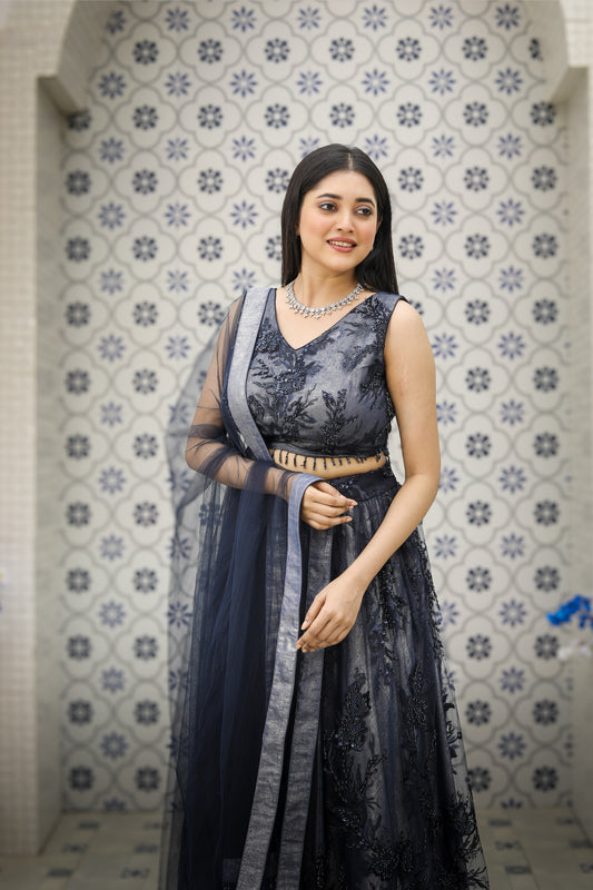 Midnight Blue Embroidered Lehenga Set with Dupatta