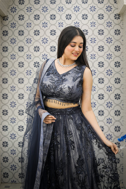 Midnight Blue Embroidered Lehenga Set with Dupatta