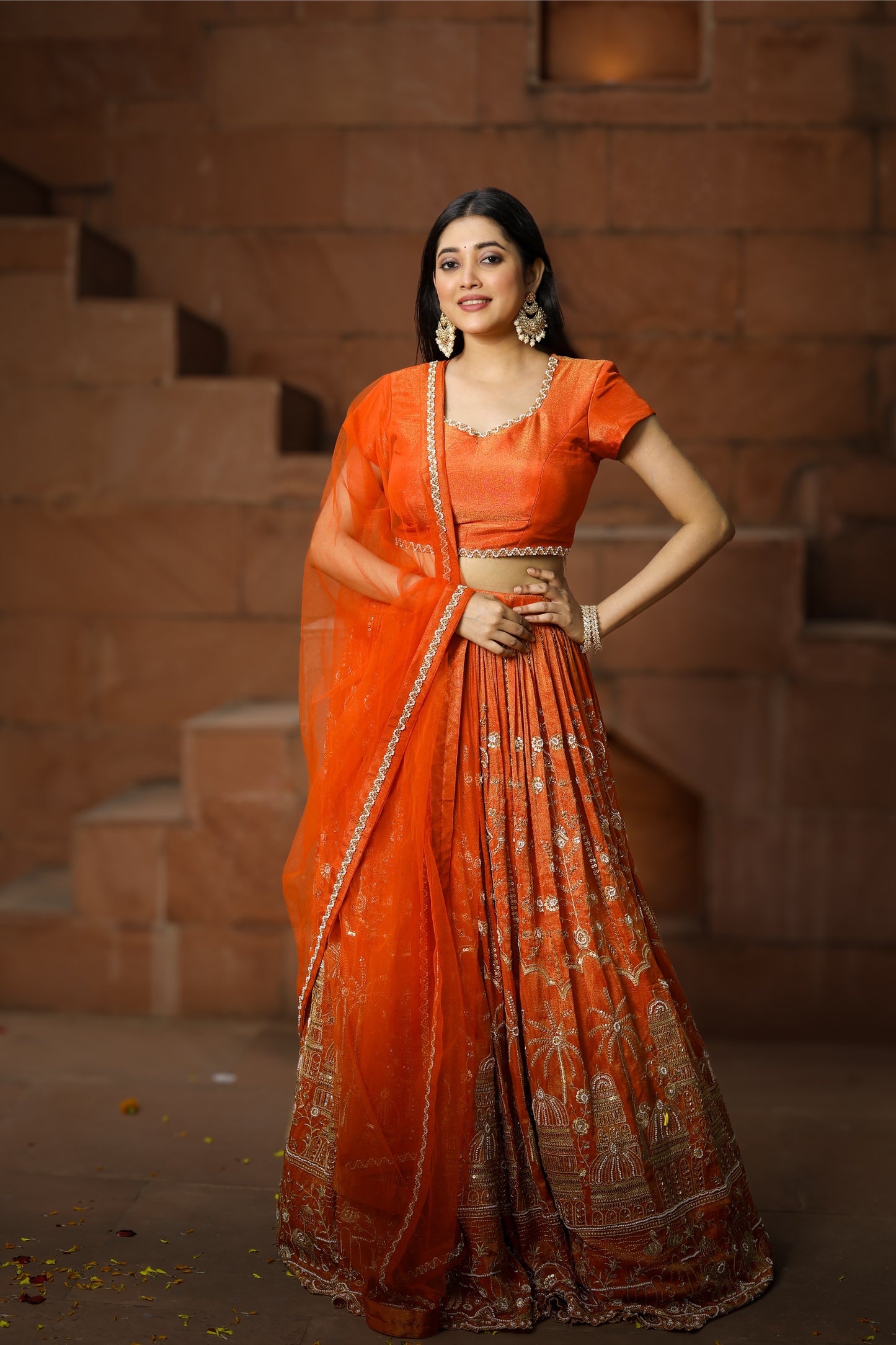 Premium Orange Embroidered Tissue Lehenga Set – A Blend of Tradition &amp; Elegance