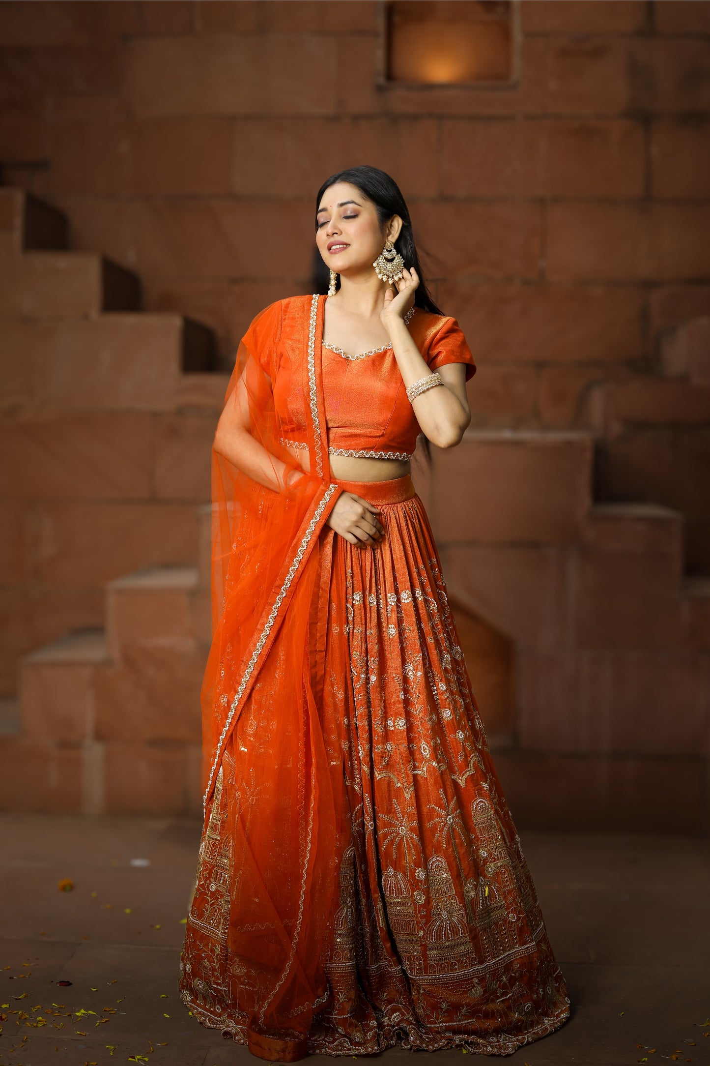 Premium Orange Embroidered Tissue Lehenga Set – A Blend of Tradition &amp; Elegance