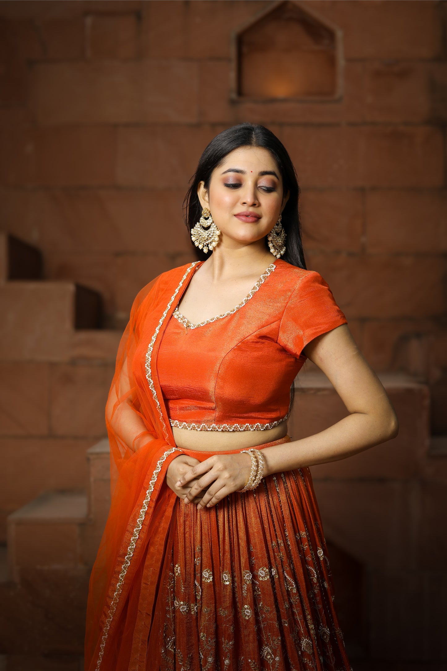Premium Orange Embroidered Tissue Lehenga Set – A Blend of Tradition &amp; Elegance