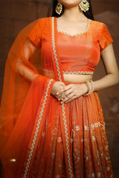 Premium Orange Embroidered Tissue Lehenga Set – A Blend of Tradition &amp; Elegance