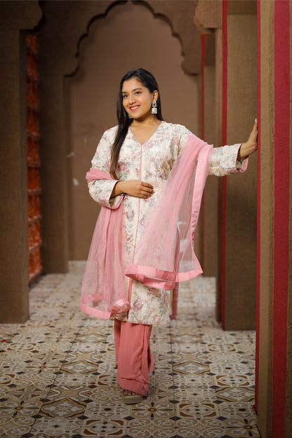 Floral Printed Kurta Set with Pink Dupatta