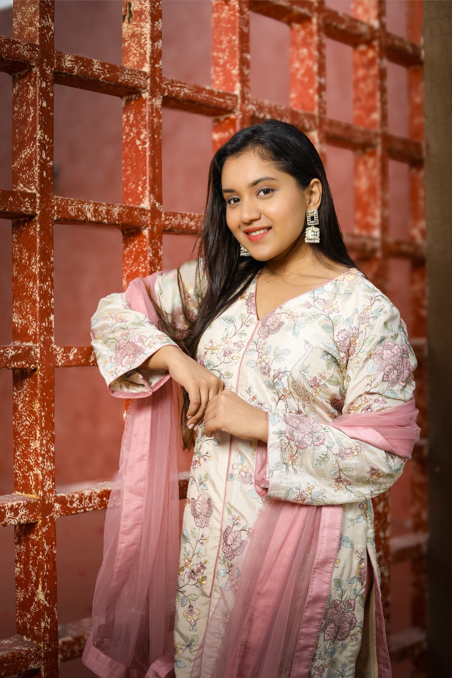 Floral Printed Kurta Set with Pink Dupatta