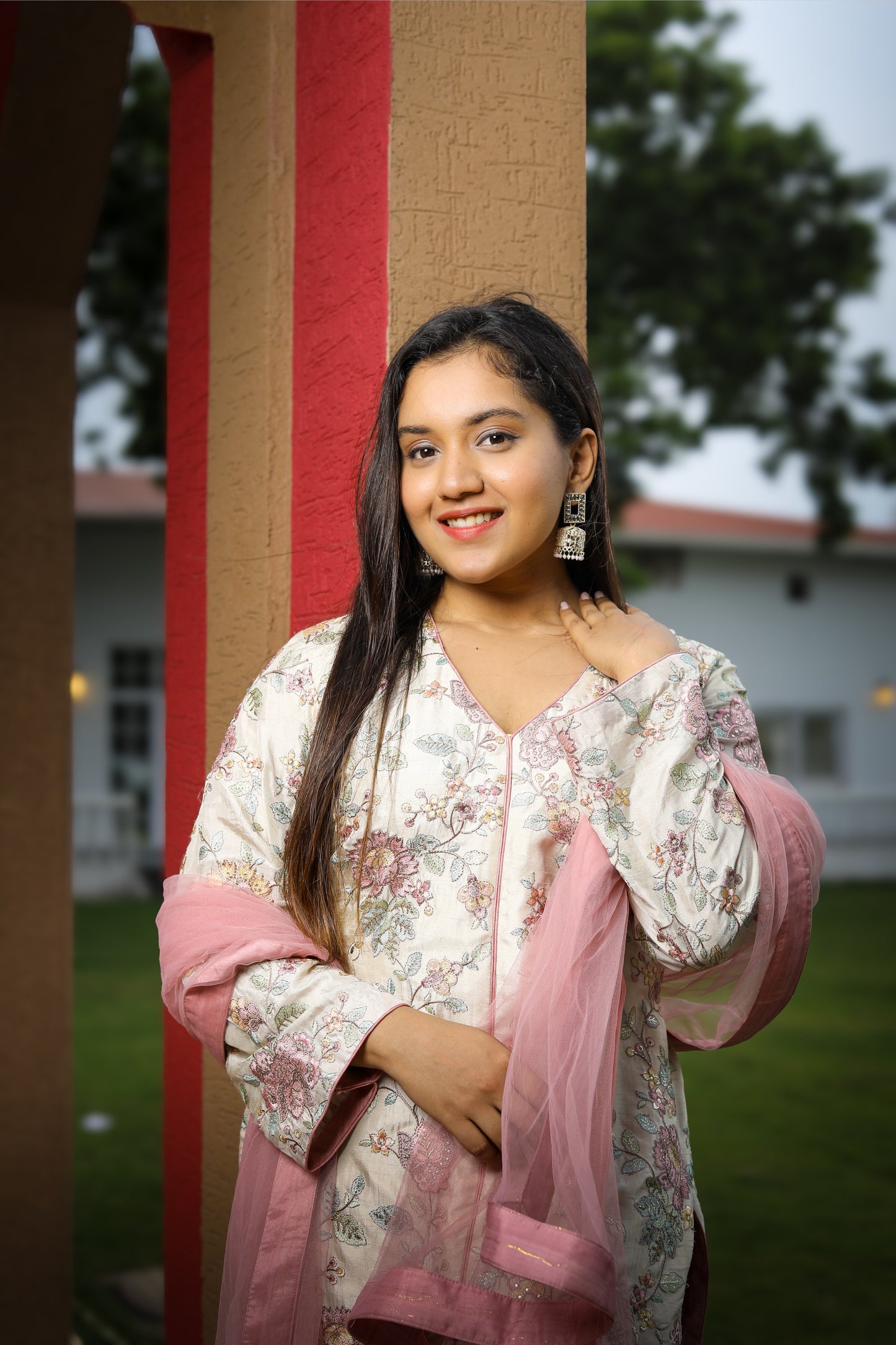 Floral Printed Kurta Set with Pink Dupatta