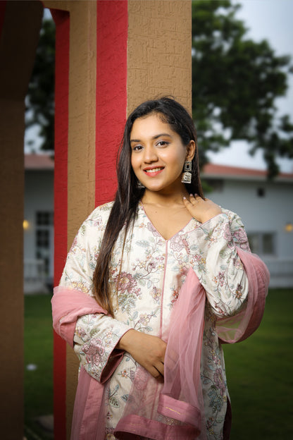 Floral Printed Kurta Set with Pink Dupatta