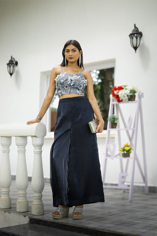 Embroidered Crop Top with Wide-Leg Pants Co-Ord Set