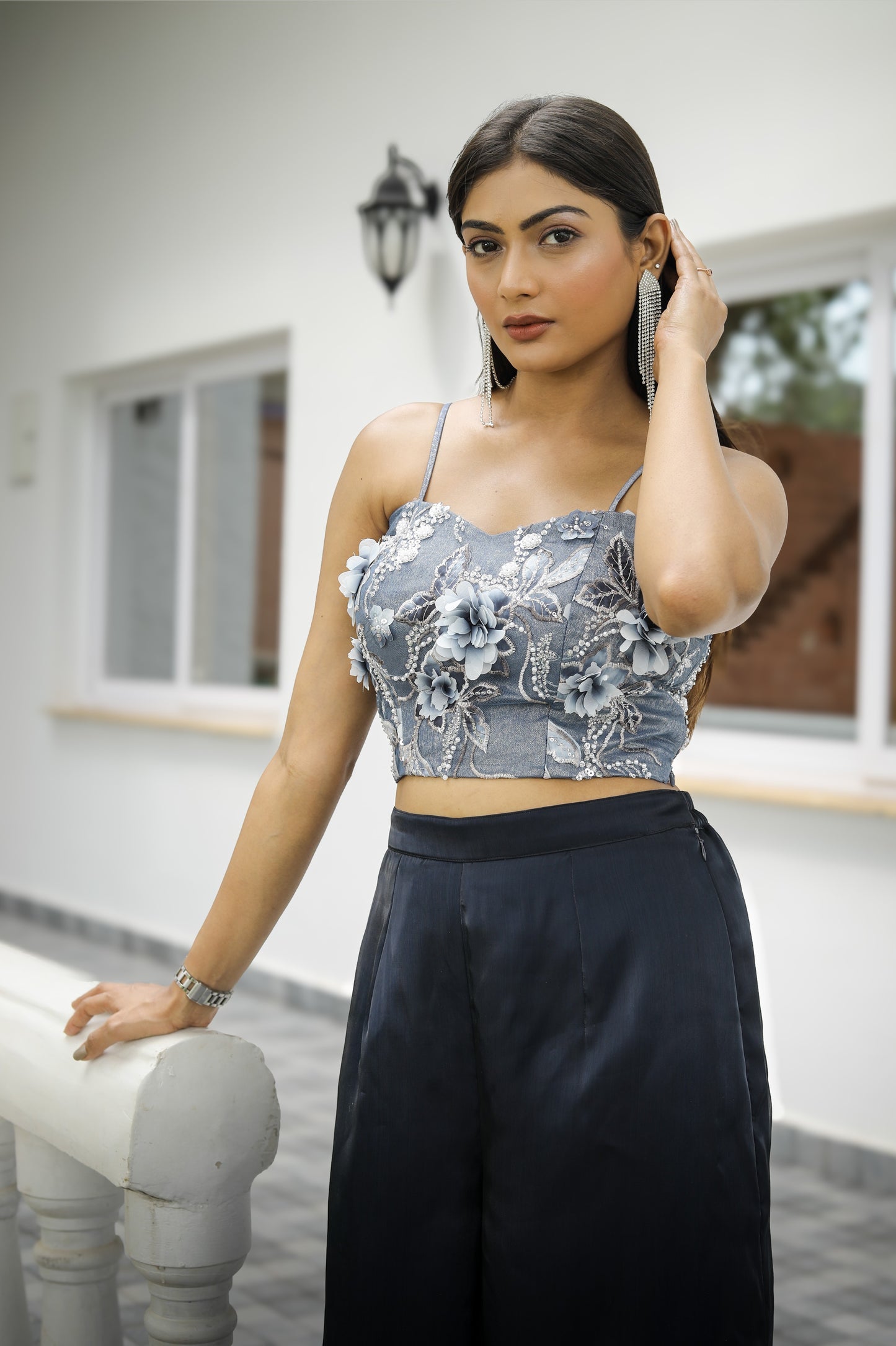 Embroidered Crop Top with Wide-Leg Pants Co-Ord Set