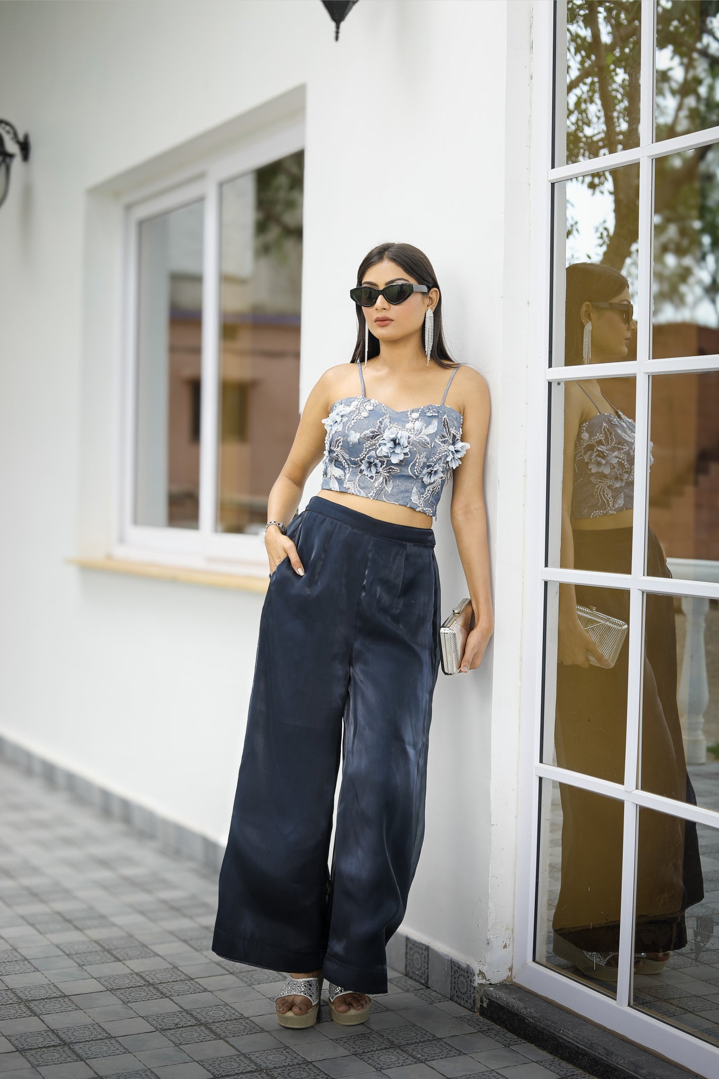 Embroidered Crop Top with Wide-Leg Pants Co-Ord Set