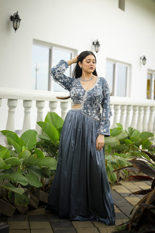 Embroidered Slate Blue Lehenga Set