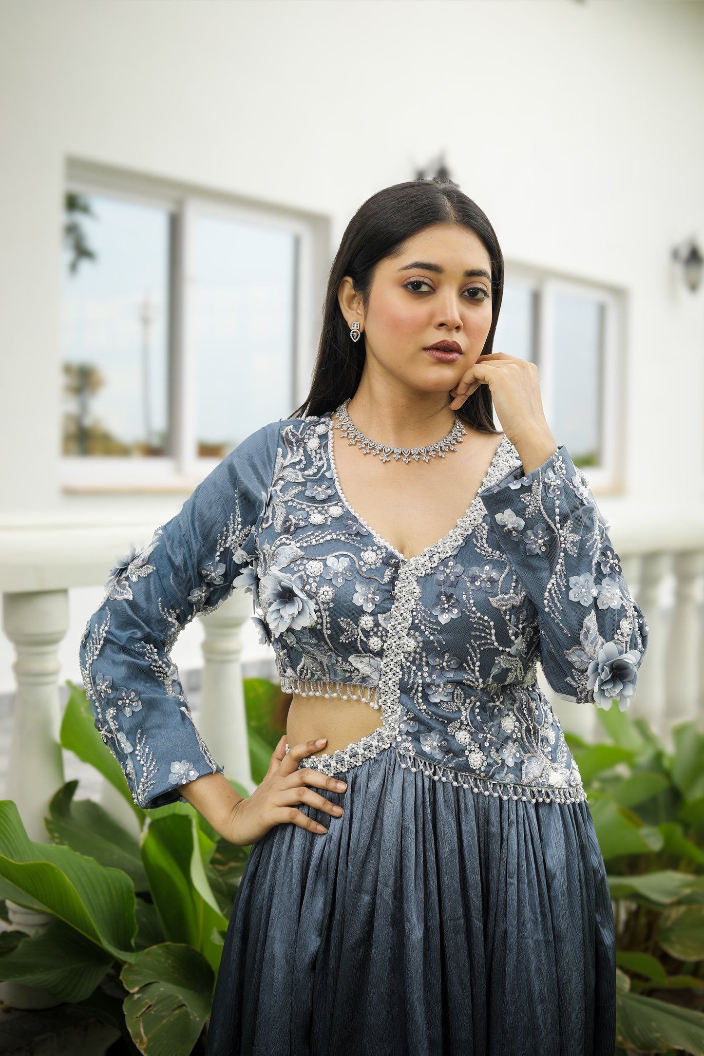 Embroidered Slate Blue Lehenga Set