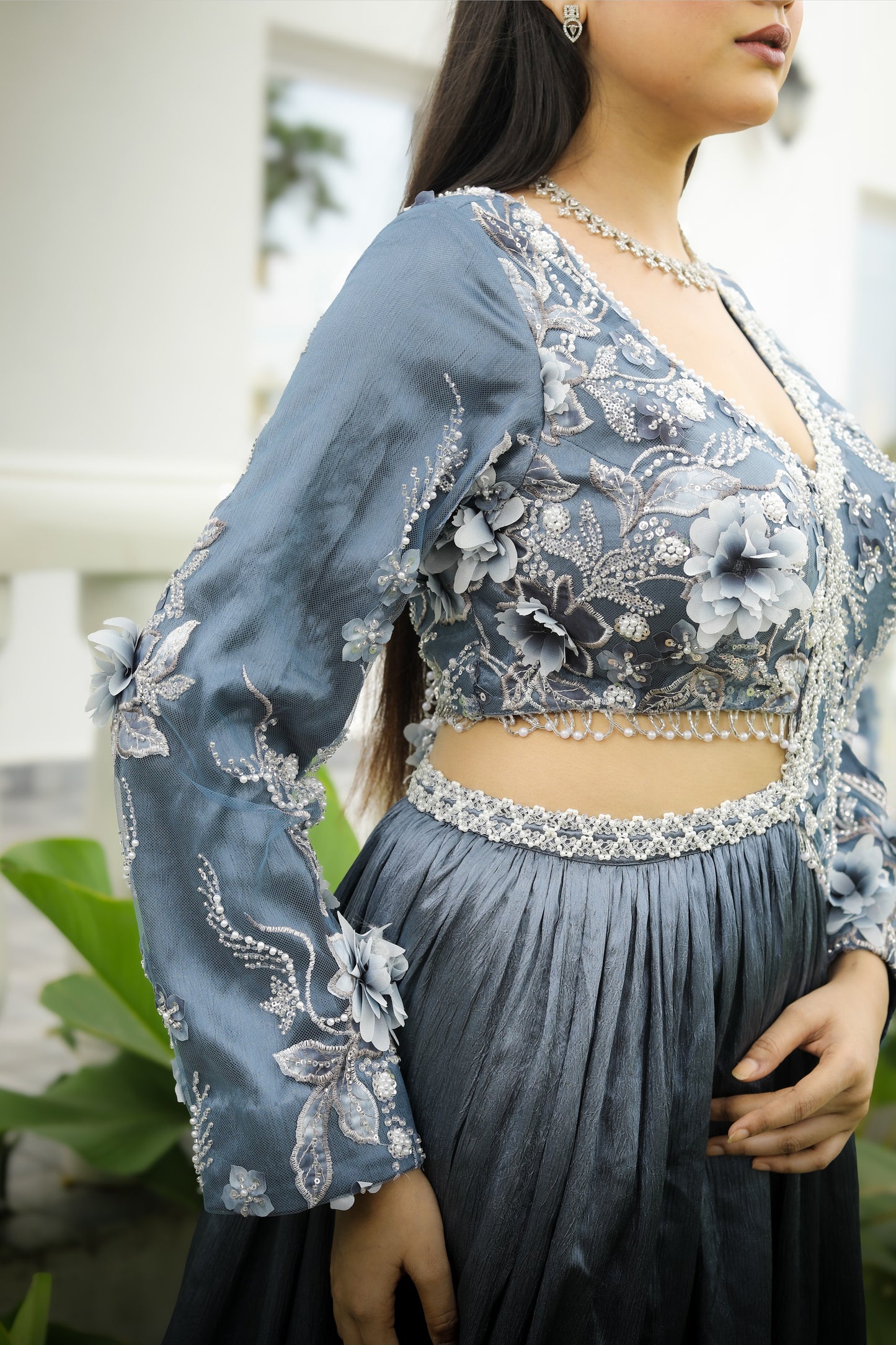 Embroidered Slate Blue Lehenga Set