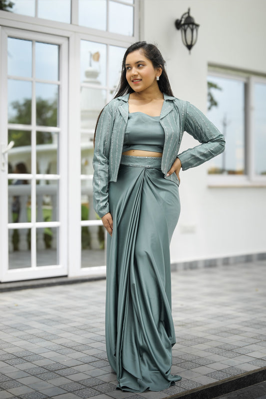 Sage Green Saree Set with Jacket