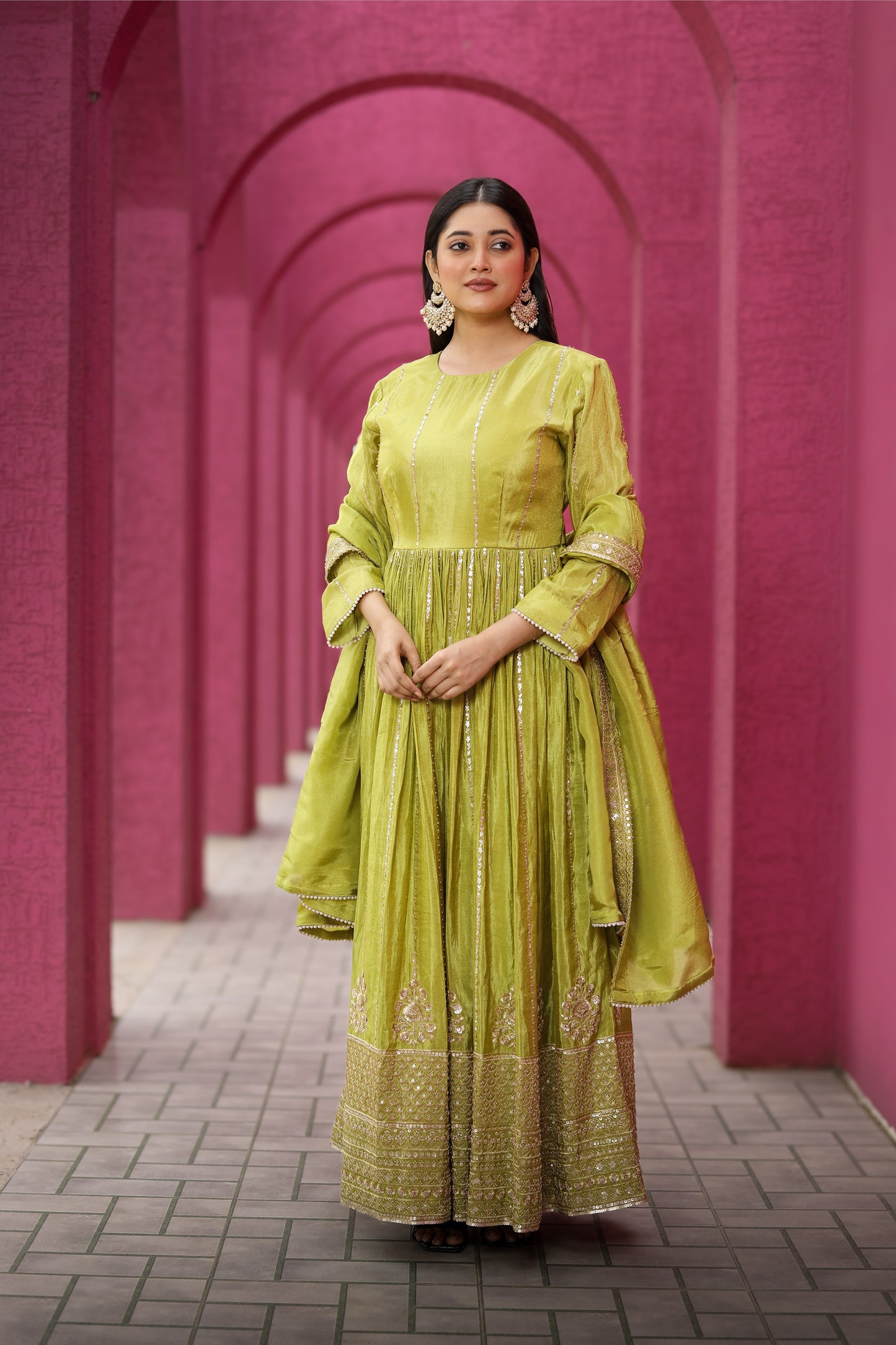 Lime Green Embellished Anarkali Suit Set with Dupatta