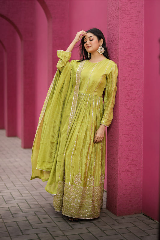 Lime Green Embellished Anarkali Suit Set with Dupatta