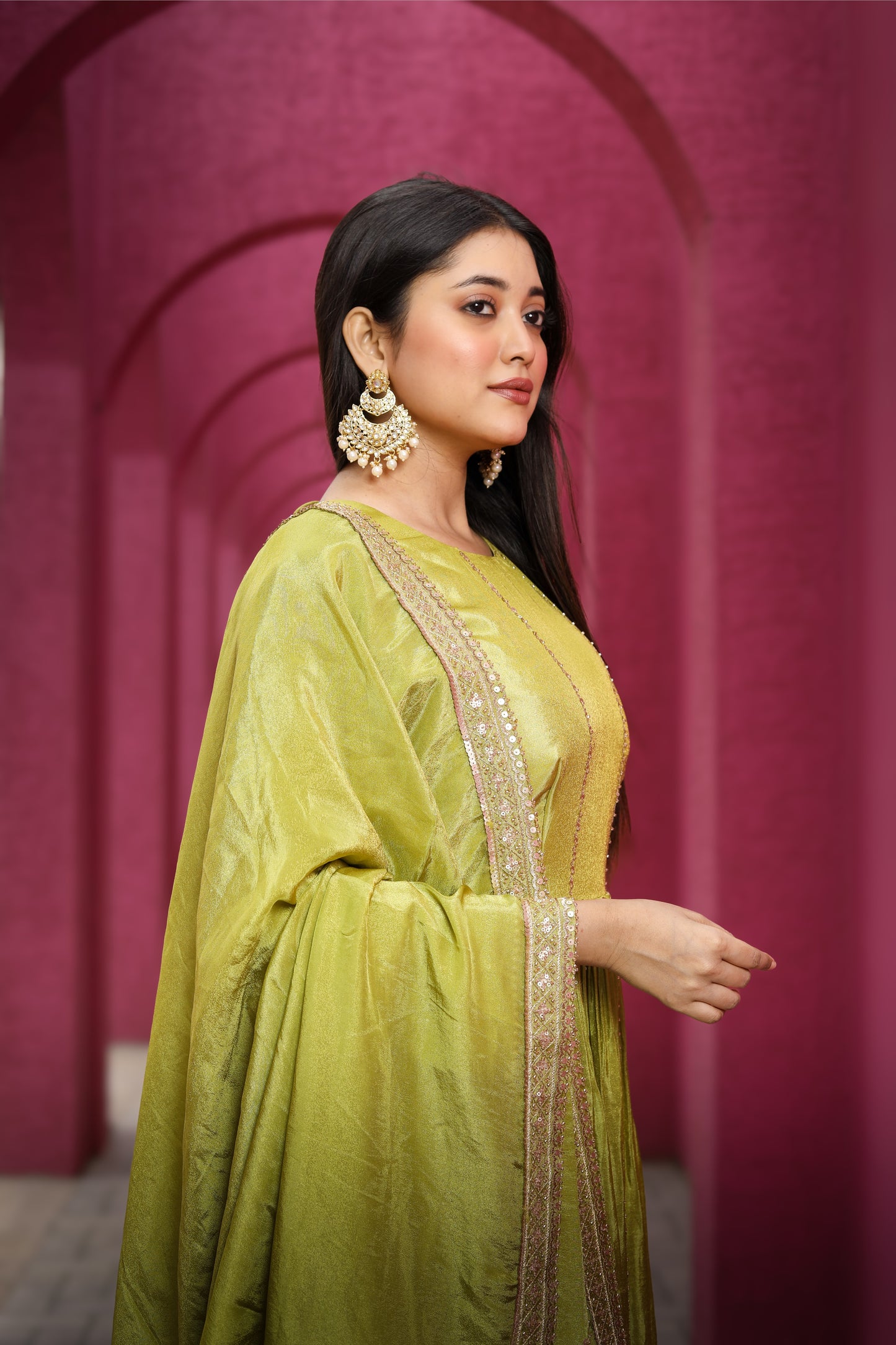 Lime Green Embellished Anarkali Suit Set with Dupatta