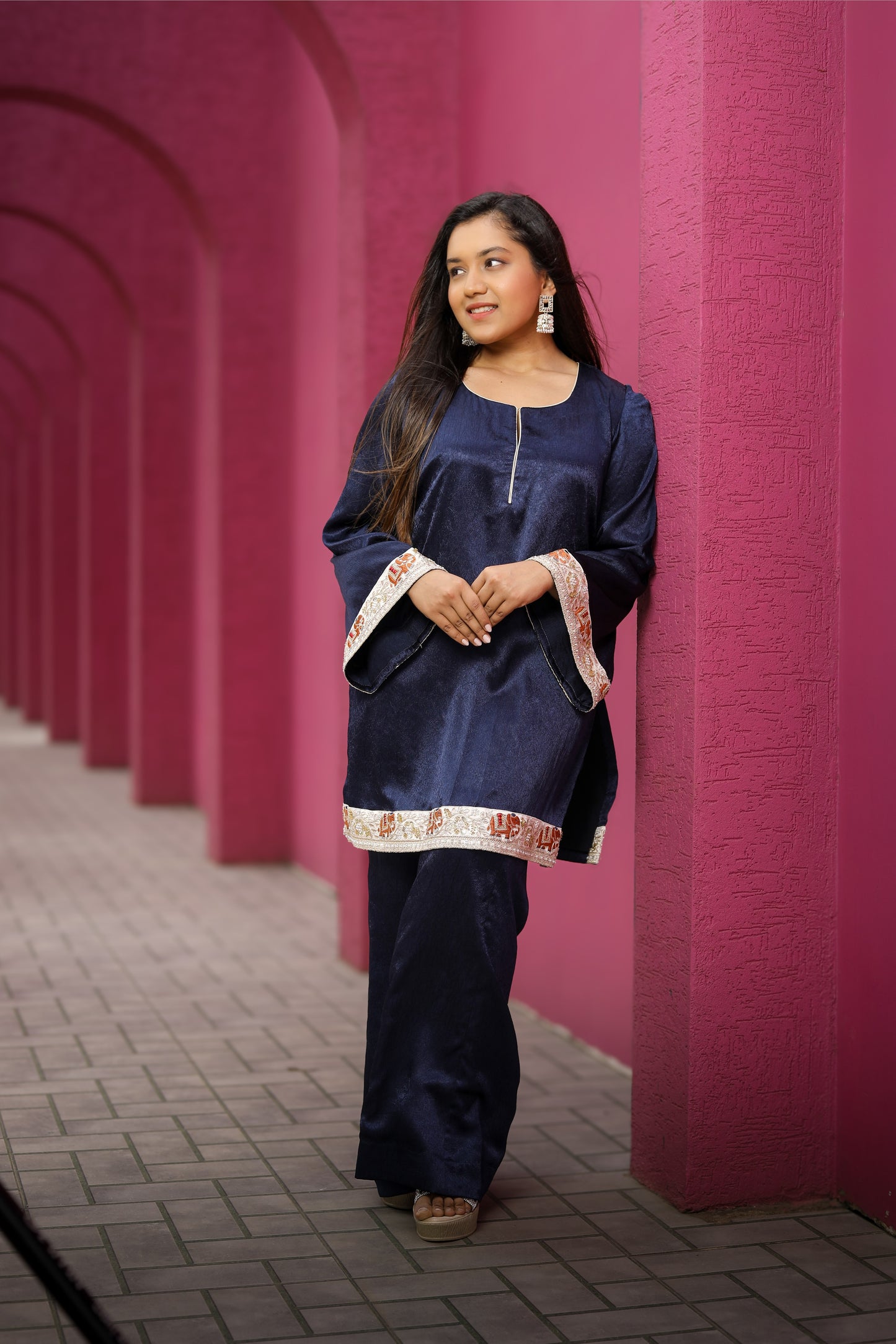 Navy Blue Embroidered Kurta Pant Set