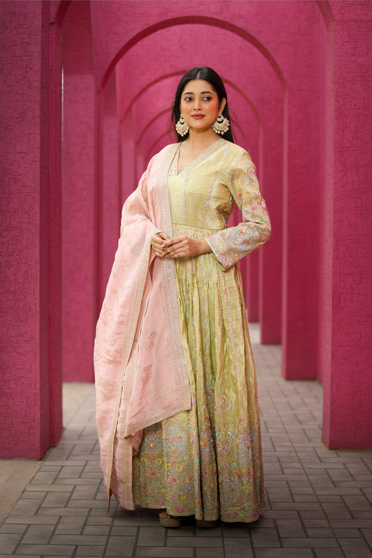 Pastel Green Embroidered Anarkali Set with Dupatta