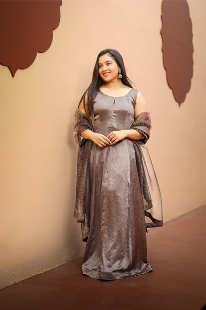 Brown Satin Anarkali Dress with Dupatta