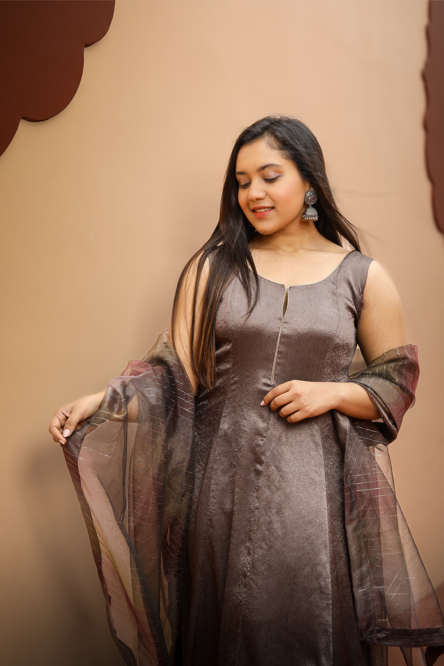 Brown Satin Anarkali Dress with Dupatta