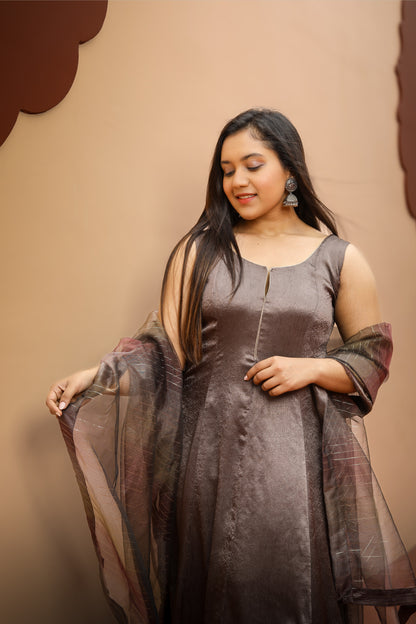 Brown Satin Anarkali Dress with Dupatta