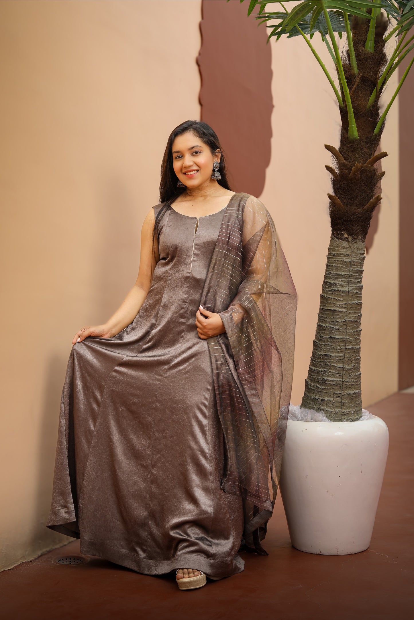 Brown Satin Anarkali Dress with Dupatta