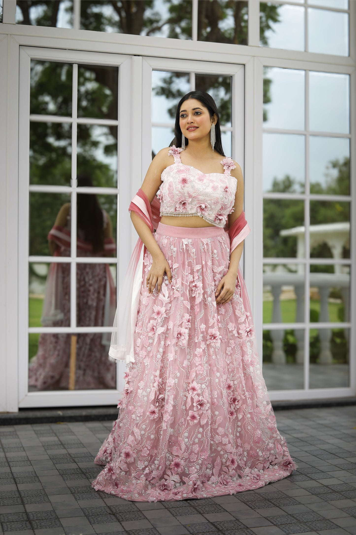 Blush Pink Floral Embellished Lehenga Set with Dupatta