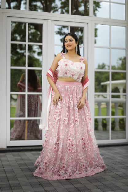 Blush Pink Floral Embellished Lehenga Set with Dupatta