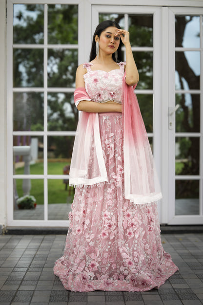 Blush Pink Floral Embellished Lehenga Set with Dupatta