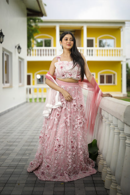 Blush Pink Floral Embellished Lehenga Set with Dupatta