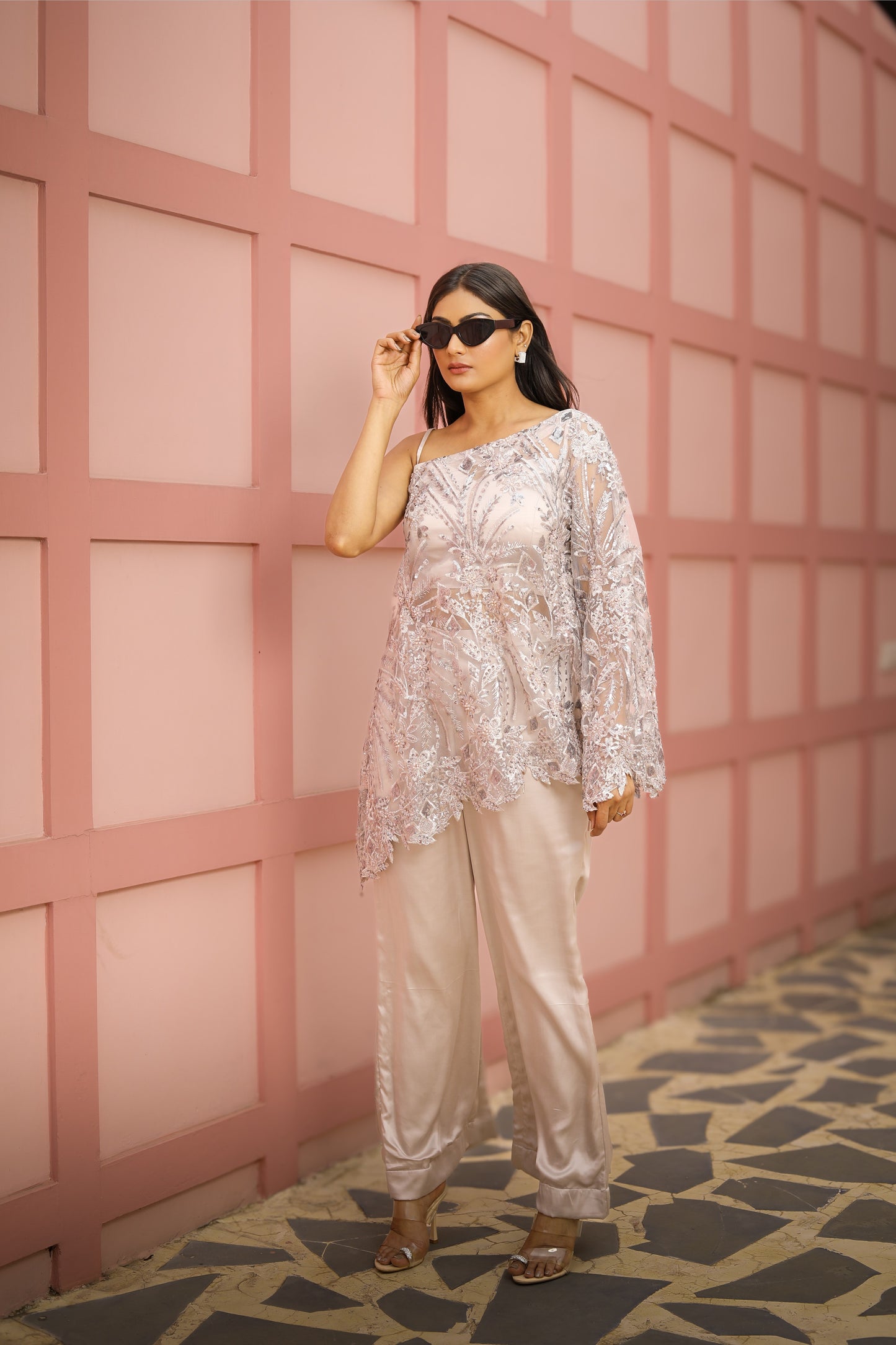 Ivory One-Shoulder Embroidered Top with Satin Pants