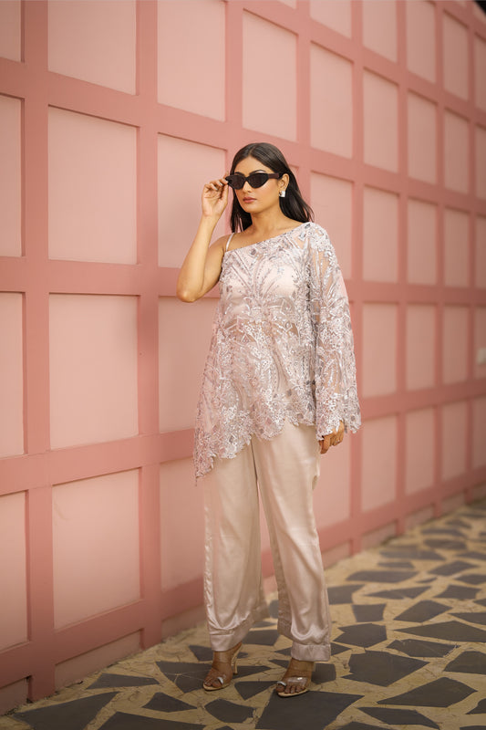 Ivory One-Shoulder Embroidered Top with Satin Pants