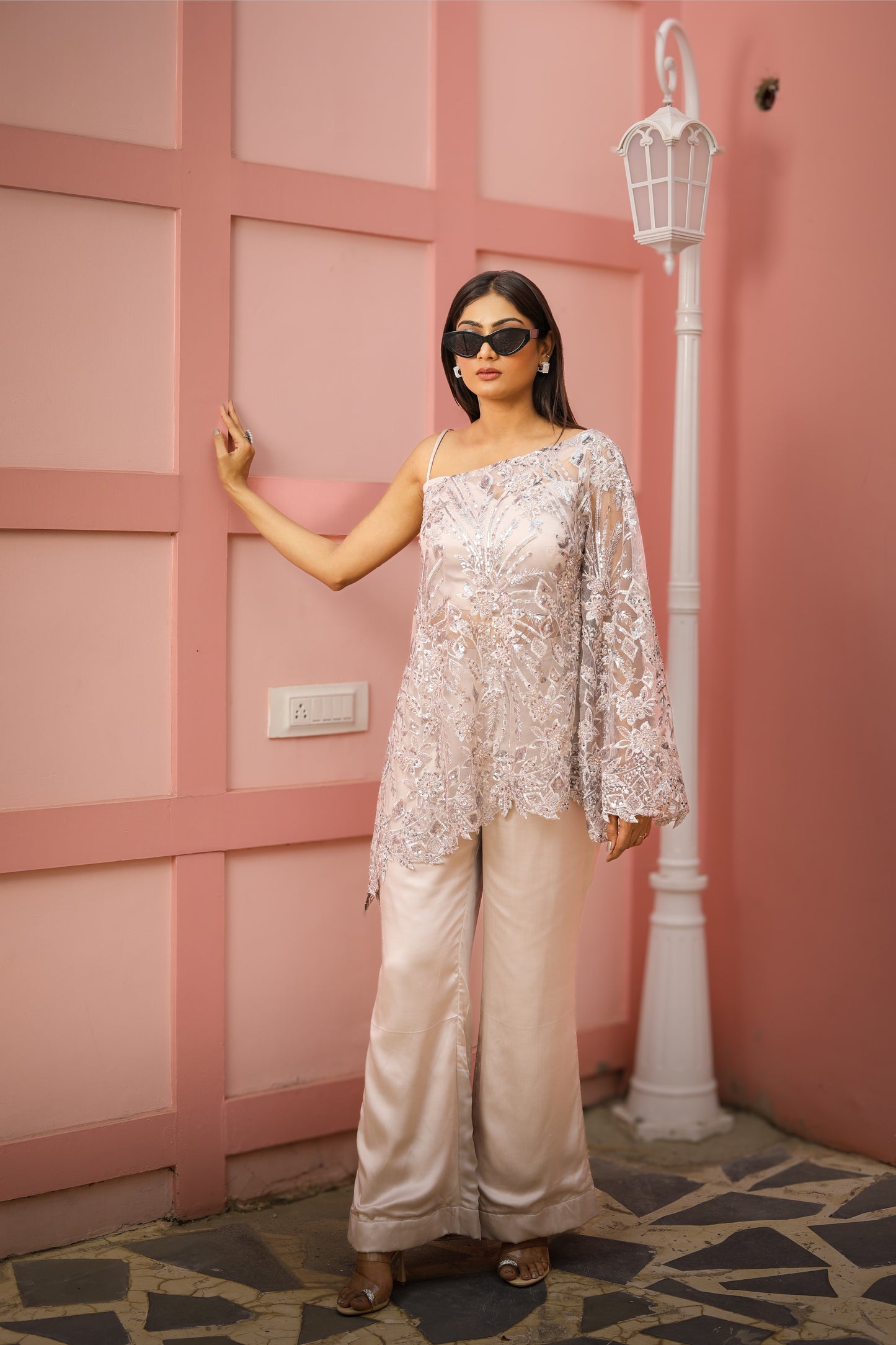 Ivory One-Shoulder Embroidered Top with Satin Pants