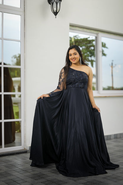 Black One-Shoulder Embroidered Anarkali Gown