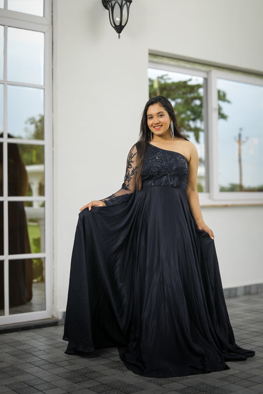 Black One-Shoulder Embroidered Anarkali Gown