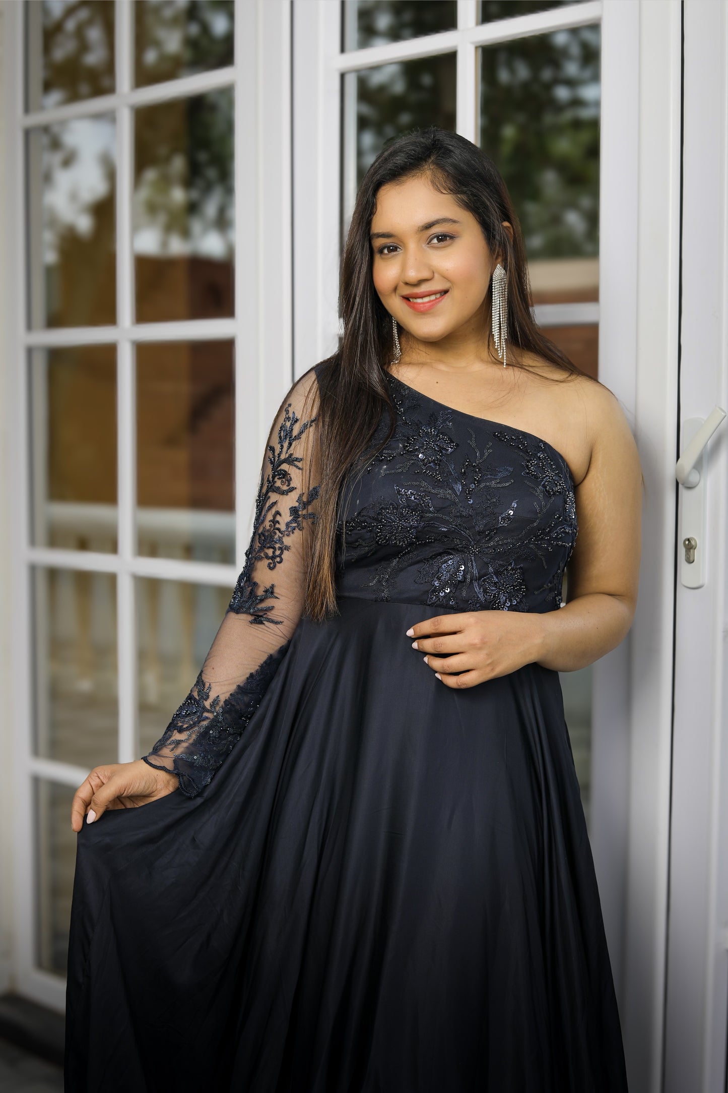 Black One-Shoulder Embroidered Anarkali Gown