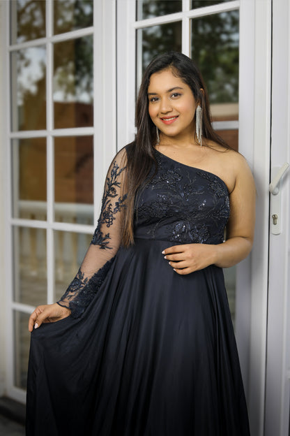 Black One-Shoulder Embroidered Anarkali Gown