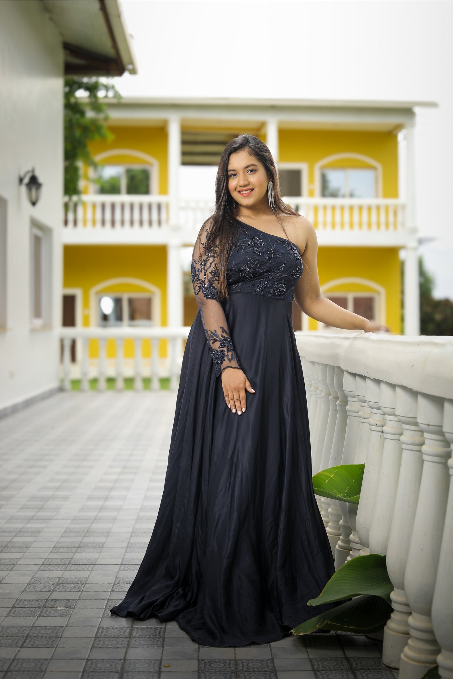 Black One-Shoulder Embroidered Anarkali Gown