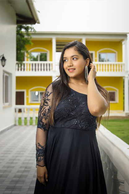 Black One-Shoulder Embroidered Anarkali Gown
